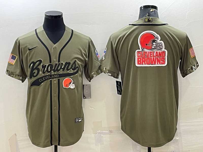 Mens Cleveland Browns Olive 2022 Salute To Service Team Big Logo Cool Base Stitched Baseball Jersey